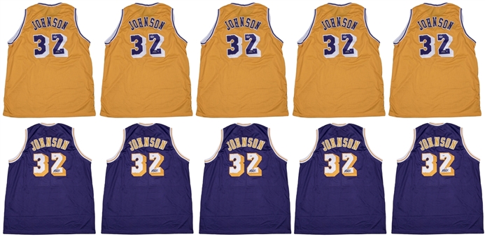 Lot of (10) Magic Johnson Signed Los Angeles Lakers Jerseys (5 Home & 5 Away) (PSA/DNA)
